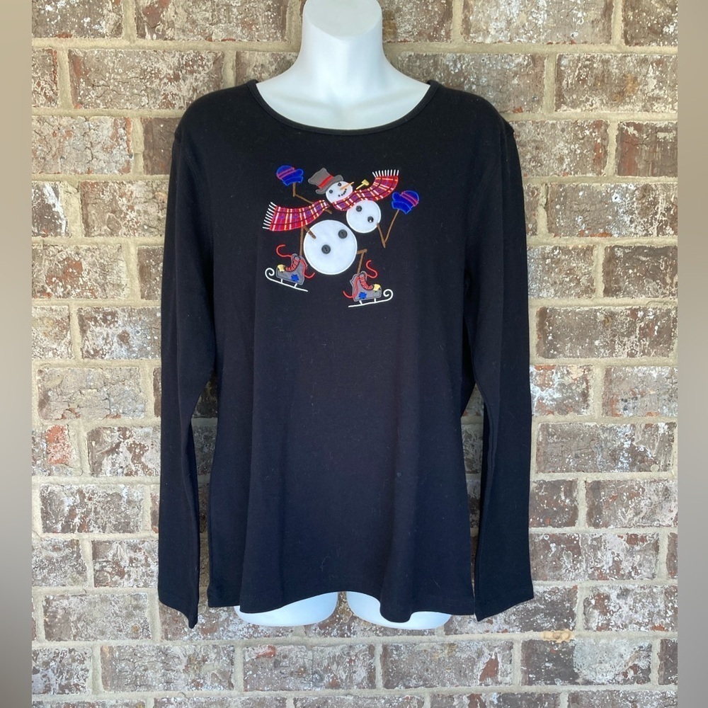 Peanut Butter & Jelly Women’s Black Long Sleeve Shirt Snowman Ice Skating Size L